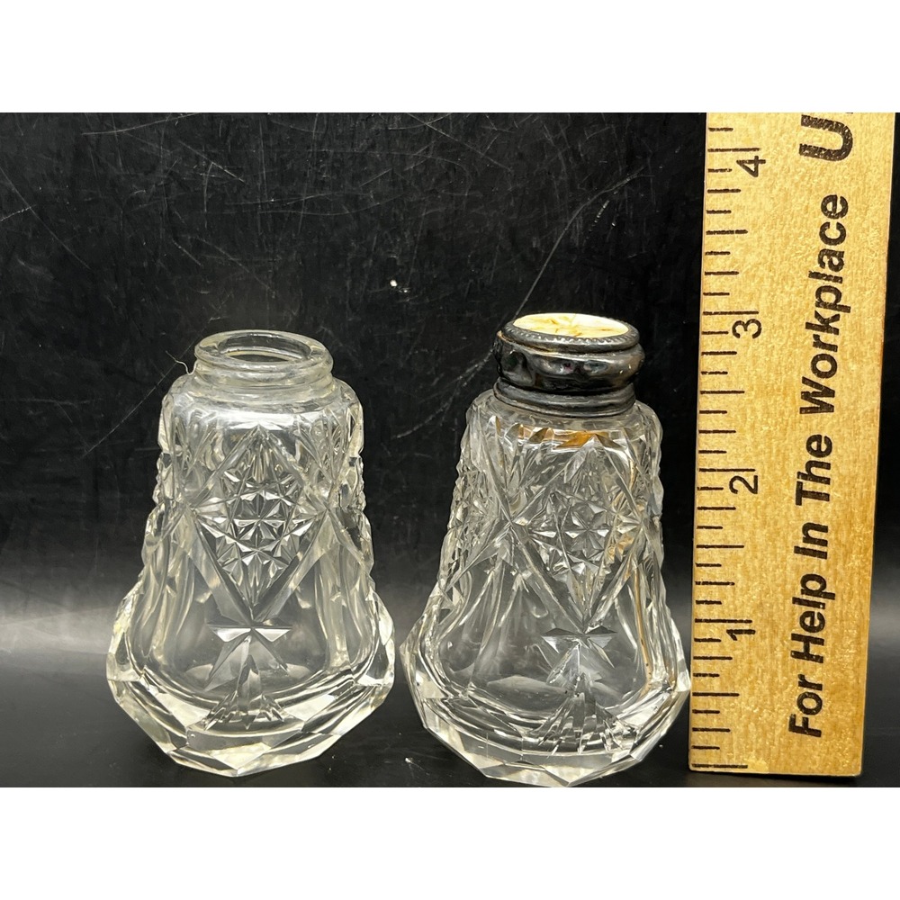 Vtg Heavy EAPG Salt & Pepper Shakers Metal top mother-of-pearl inlay (as is) - Picture 2 of 4